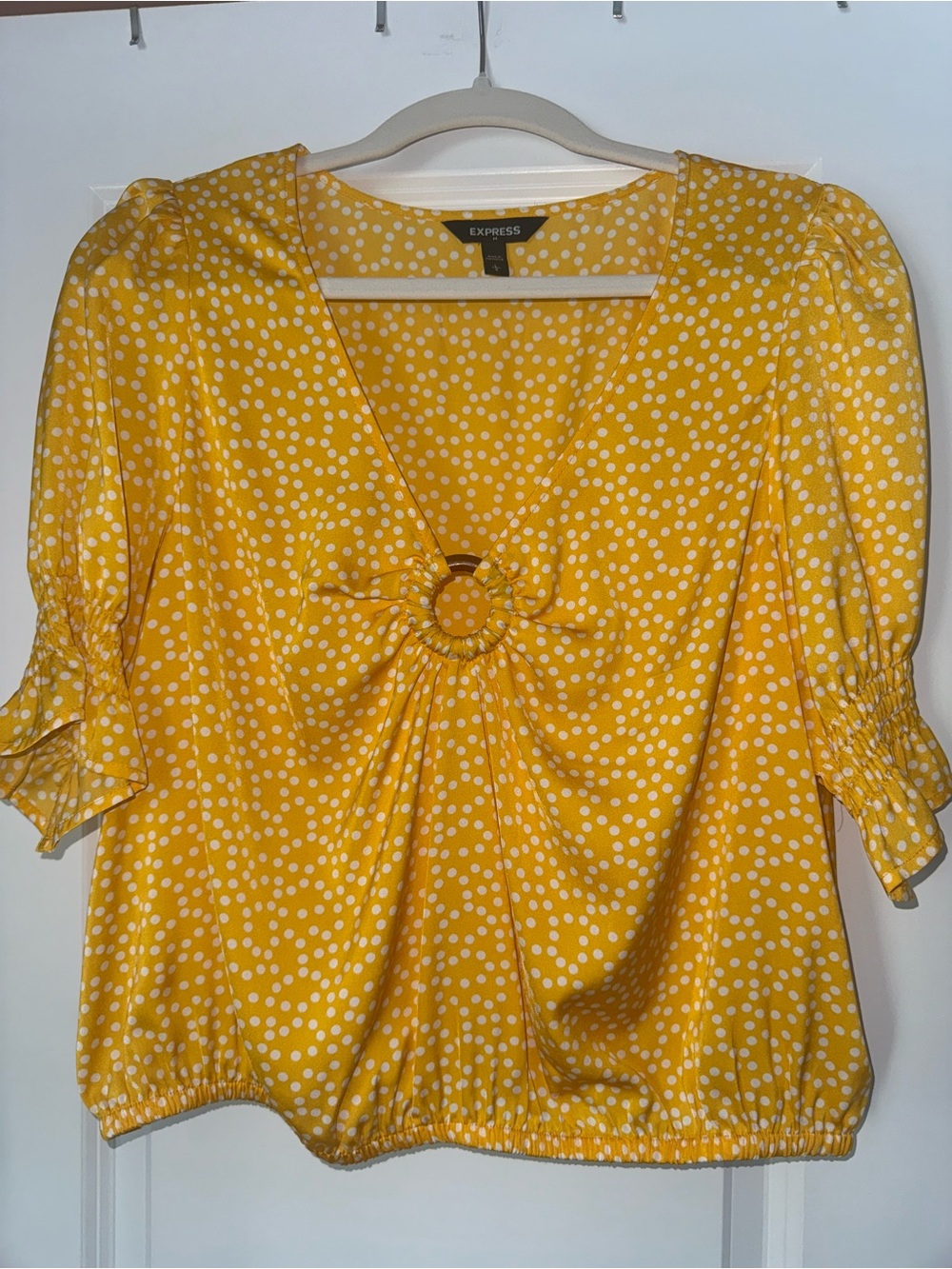 Express Yellow Polka Dot Ring-Front Women’s Top